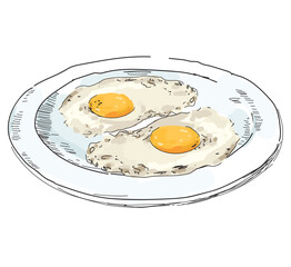 english morning eggs fried breakfast line drawing sketch on white background