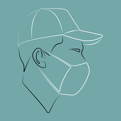 Silhouette of a guy. Portrait. Avatar. Icon. Facial contours. Man in a baseball cap. Linear male head. Man head silhouette. Flat colored Male illustration. Male head in the mask. Linear art.