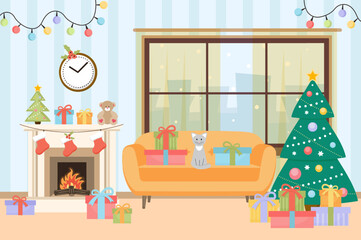 Christmas room interior. Christmas tree, gift boxes, fireplace, sofa, cat and decoration.