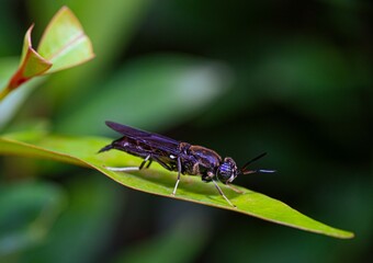 Beautiful insect eyes on the green leaf