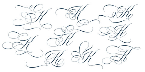 Set of beautiful calligraphic flourishes on capital letter K isolated on white background for decorating text and calligraphy on postcards or greetings cards. Vector illustration.