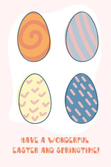 Cute cards for Easter. Hand-drawn design of Spring greeting card. Happy holiday. Spring. Rabbits. Vector illustration.