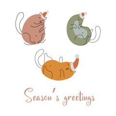Merry Christmas and Happy New Year. Cute cards for Christmas. Fluffy cats in Santa Claus hats. Pet. Vector illustration.