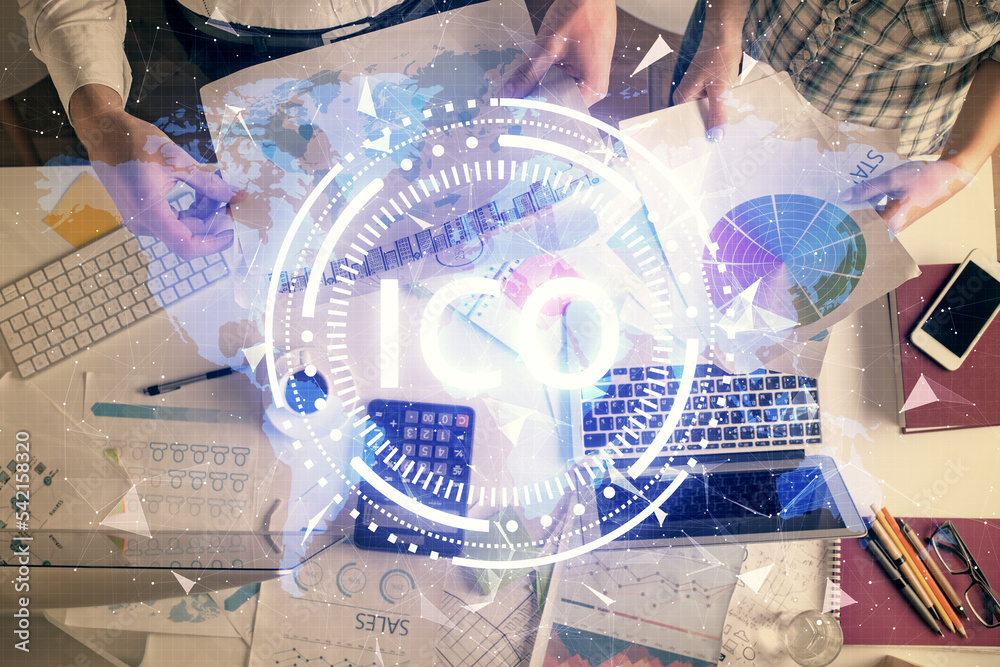Aufkleber double exposure of man and woman working together and crypto theme hologram drawing. computer backgr