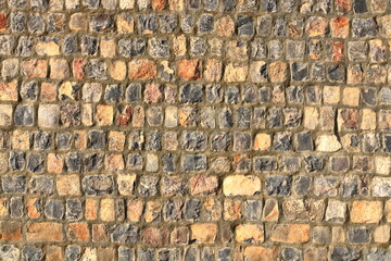 Grey Yellow Stonewall Made From Flagstone And Sandstone Slabs Background, Bumpy Stone Wall Texture,...