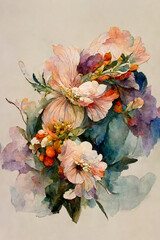 Watercolor painting of colorful Floral Bouquet, Collection of beautiful flowers