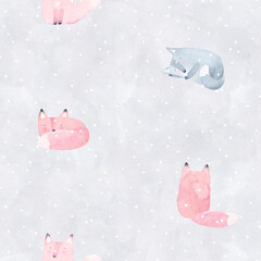 Watercolor background. Cute seamless pattern of fox, wolf and snowfall. Perfect for fabric, textile, wallpaper. Grey background.