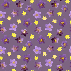 Floral seamless pattern with small purple and yellow flowers. Delicate watercolor illustration on purple background for textile or wallpapers.