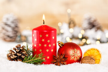 Christmas card advent time with burning candle decoration