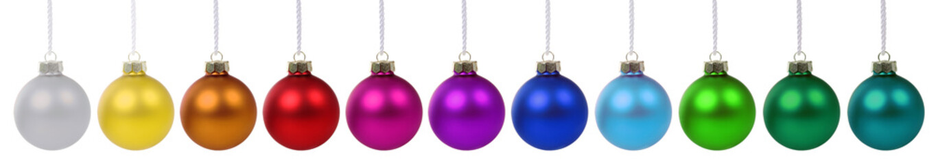 Christmas decoration with colorful balls baubles in a row isolated on a white background