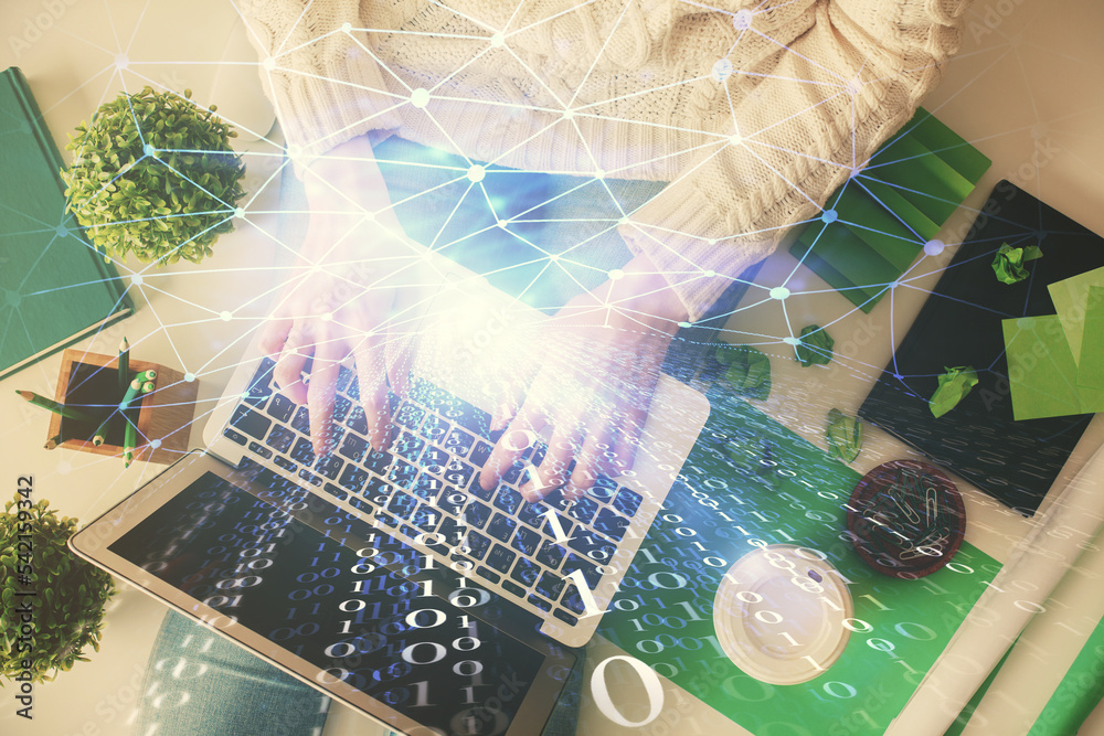 Leinwandbilder double exposure of woman hands working on computer and data theme hologram drawing. top view. techno