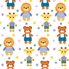 Pattern with cute cartoon lion, tiger and giraffe. Kids toys. Vector illustration. For use in the design of cards, invitations, fabrics and prints, shops, packaging materials, products for children