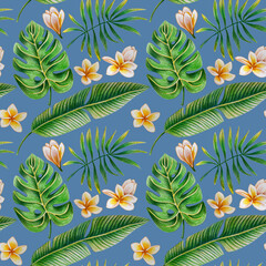 Naklejka premium Seamless pattern of tropical leaves and flowers drawn with colored pencils on a Steel Blue background. For fabric, sketchbook, wallpaper, wrapping paper.