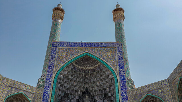 the entrance of abbasi great mosque in naghshe jahan square, isfahan city, iran