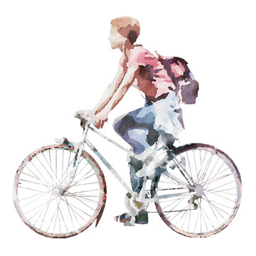 Girl riding a bicycle to school isolated in watercolor.