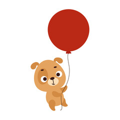 Cute little dog flying on red balloon. Cartoon animal character for kids t-shirt, nursery decoration, baby shower, greeting card, house interior. Vector stock illustration