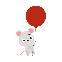 Cute little mouse flying on red balloon. Cartoon animal character for kids t-shirt, nursery decoration, baby shower, greeting card, house interior. Vector stock illustration