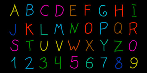 Letters and numbers hand drawn style. Abstract vector doodle scribble sketch alphabet.