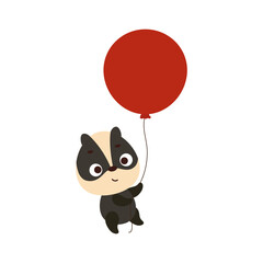Cute little badger flying on red balloon. Cartoon animal character for kids t-shirt, nursery decoration, baby shower, greeting card, house interior. Vector stock illustration