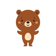 Cute little bear on white background. Cartoon animal character for kids cards, baby shower, invitation, poster, t-shirt composition, house interior. Vector stock illustration