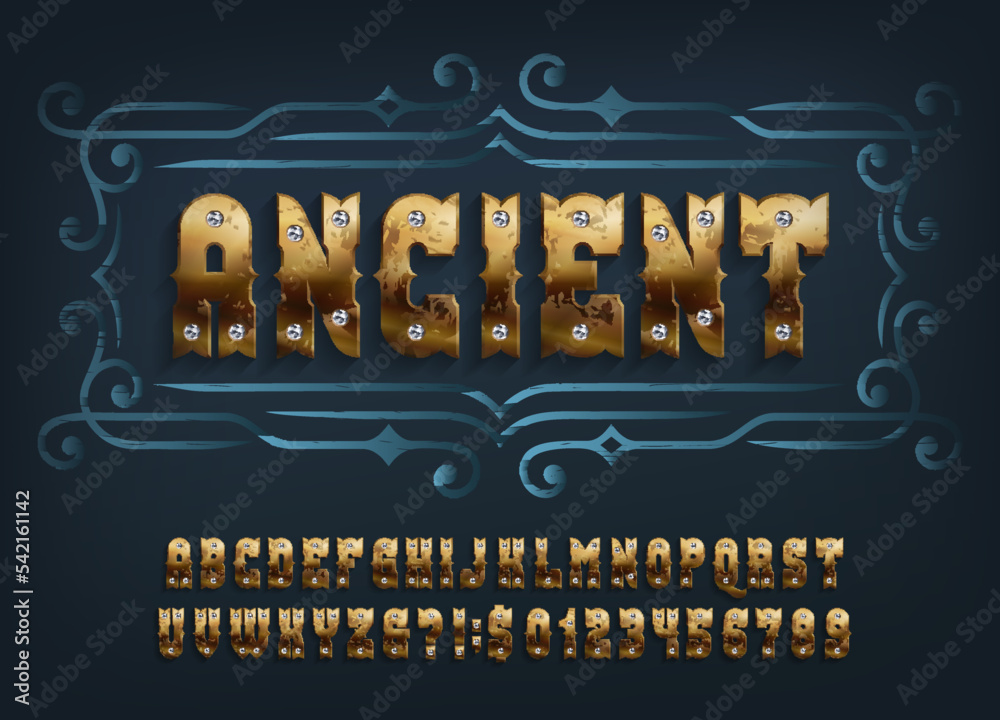 Fototapete ancient alphabet font. gold letters and numbers inlaid gemstones. stock vector typeface for your des