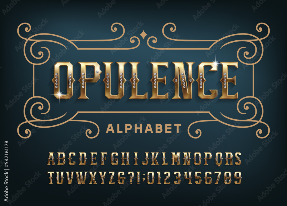 Fototapete opulence alphabet font. gold letters and numbers with gemstones. stock vector typeface for your desi