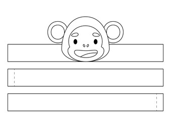 Printable monkey paper crown. Diy cut party ribbon template for birthday, Christmas, baby shower. Fun accessory for entertainment. Print, color, cut and glue. Vector stock illustration