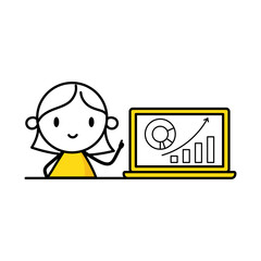Woman analyzes chart and graph data, working with data visualization on computer. Digital data analysis concept. Vector stock illustration