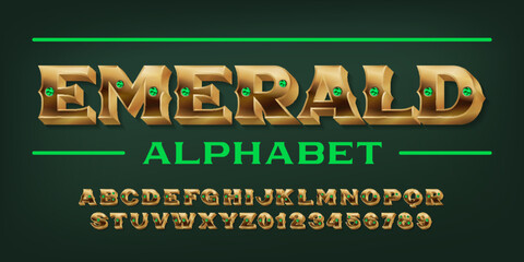 Emerald alphabet font. Golden letters and numbers inlaid green gemstones. Stock vector typeface for your design.