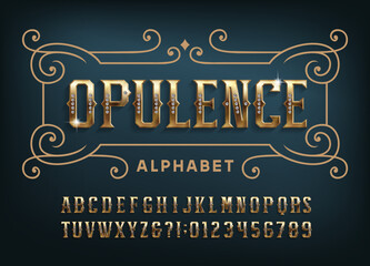 Opulence alphabet font. Gold letters and numbers with gemstones. Stock vector typeface for your design.