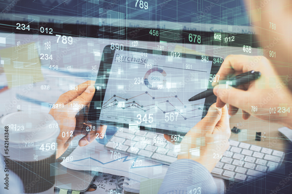 Poster Multi exposure of man's hands holding and using a digital device and data theme drawing. Innovation concept.