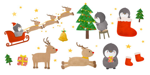 Watercolor cute penguin and reindeer celebrate Christmas collection isolated on white background
