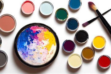 Various bright paints on white background. Palette with paints and brushes