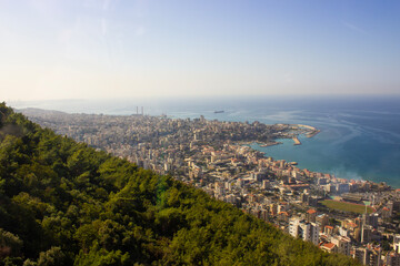 Aerial Panoramic view from top of Harissa Mountain of Jounieh bay, Jbeil Governorate of Lebanon