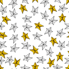 Stars Doodle Sketch Hand Drawn Gold and Black Seamless Pattern