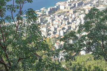 Fototapeta na wymiar Aerial Panoramic view from top of Harissa Mountain of Jounieh bay with Mediterranean Sea, Jbeil Governorate of Lebanon