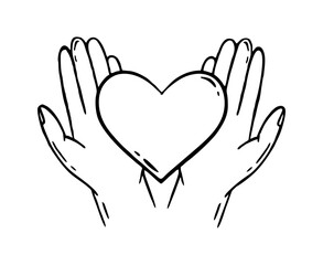 Heart in hand. Charity donation for health. Vector illustration of a doodle