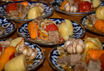 Dimlama consists of different types of vegetables and meat. Bukhara, Uzbekistan.