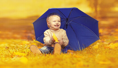 Happy smiling little child sitting on grass with umbrella playing with yellow leaves in autumn park