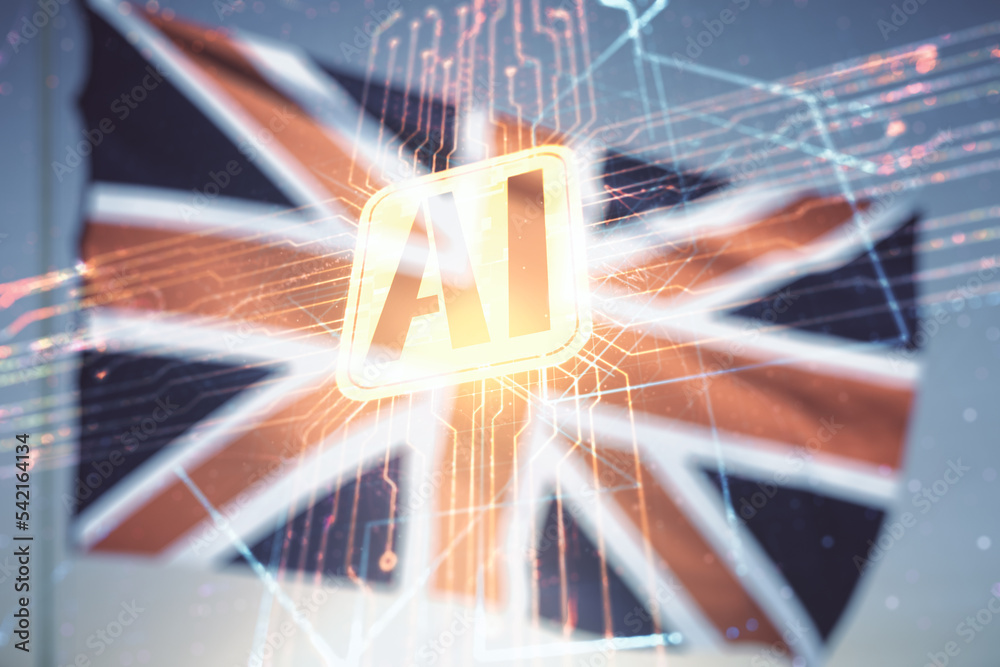 Aufkleber double exposure of creative artificial intelligence icon on british flag and blue sky background. ne