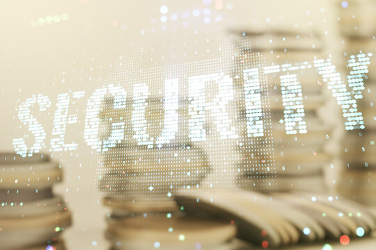 Virtual cyber security creative concept on stacks of coins background. Double exposure