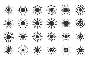 Sun flat icon set. Various shape sunshine star. Cartoon summer sunlight nature sky. Simple graphic solar circle sign. Sunny heat rays weather app symbol. Logotype sunrise sunset isolated on white.