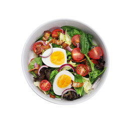 Delicious salad with boiled egg, bacon and vegetables in bowl isolated on white, top view