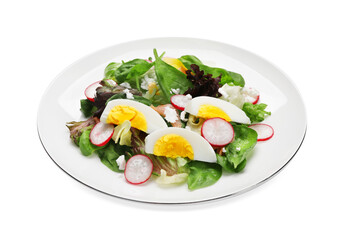 Delicious salad with boiled egg, radish and cheese isolated on white