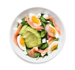 Delicious salad with boiled egg, salmon and avocado in bowl isolated on white, top view