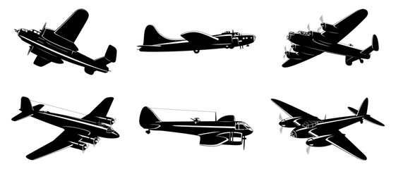 WWII Bombers silhouettes collection isolated on white. Volume 1. Vector cliparts.