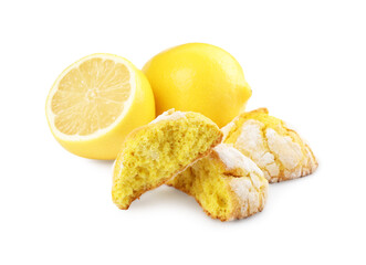 Tasty homemade lemon cookies and fresh fruits on white background