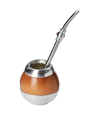 Calabash and bombilla with mate tea on white background