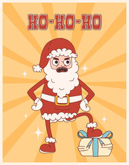 Groovy hippie Christmas poster in trendy retro cartoon style. Bad Santa concept. Merry Christmas greeting card, poster, print, party invitation, background.