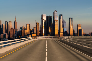 Naklejka na ściany i meble Empty urban asphalt road exterior with city buildings background. New modern highway concrete construction. Concept of way to success. Transportation logistic industry fast delivery. New York. USA.